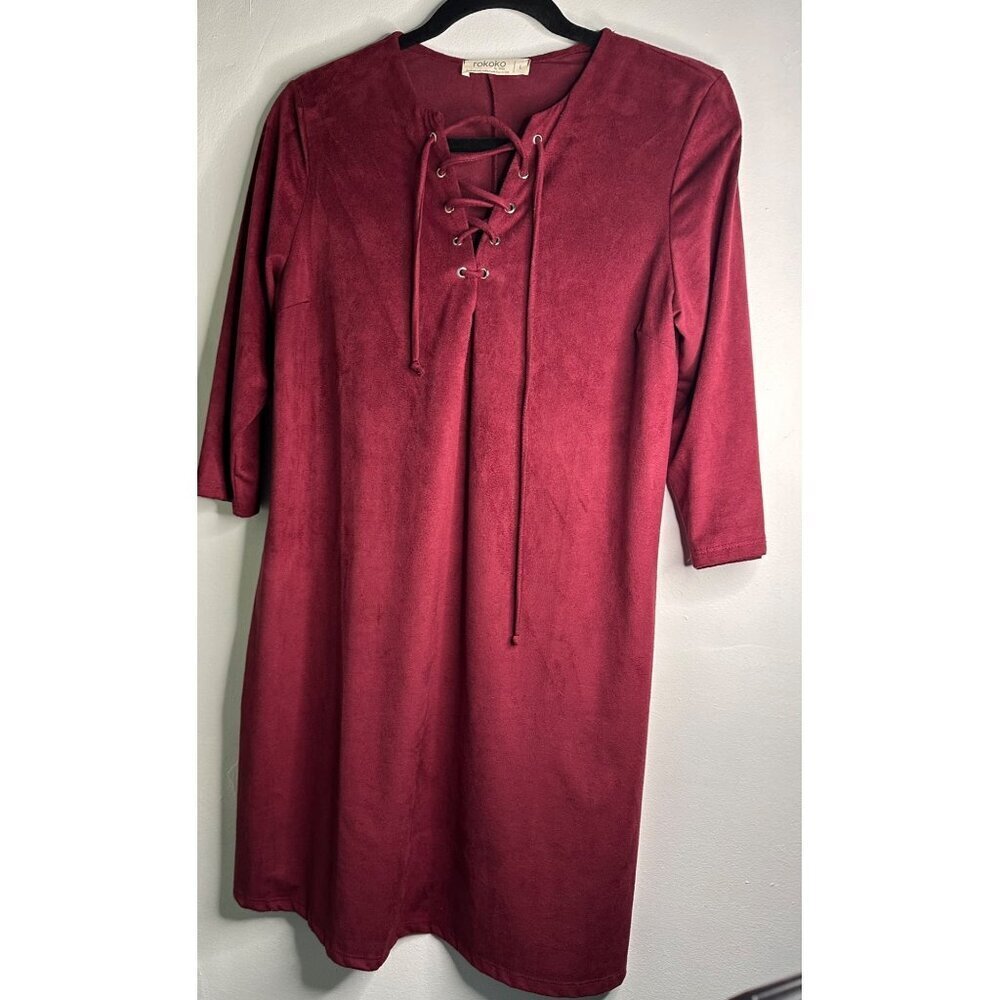 Women's L Dress Burgundy Boho Grunge Flowy Tie Front Cottagecore Chic y2k fall